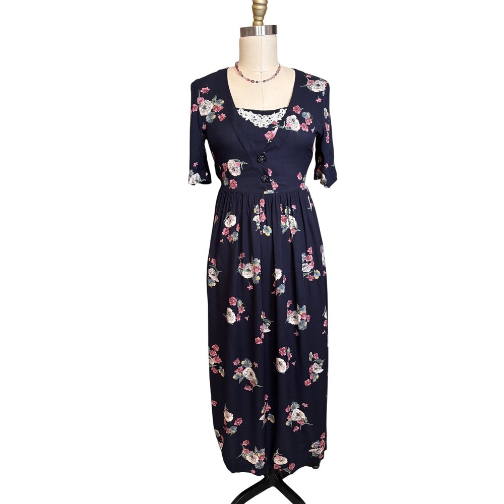 Emblem Floral Maxi Dress Womens 5 Navy Blue Excellent‎ Lace Trim Cottagecore